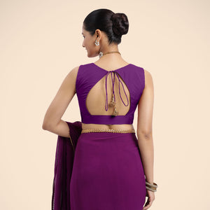  Nazia x Rozaana | Purple Sleeveless FlexiFit™ Saree Blouse with Front Open Curved V Neckline with Deep Back and Dori_7