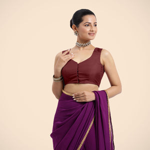 Nazia x Rozaana | Burgundy Sleeveless FlexiFit™ Saree Blouse with Front Open Curved V Neckline with Deep Back and Dori