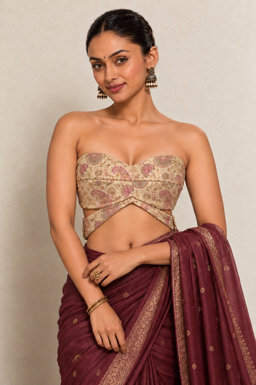 Nethra | Off shoulder Beige Brocade CinchFit™ Blouse