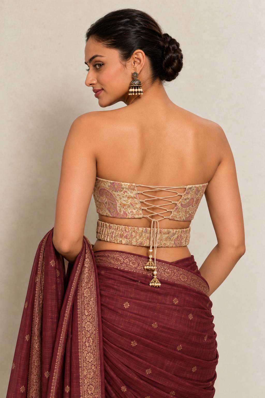 Nethra | Off shoulder Beige Brocade CinchFit™ Blouse