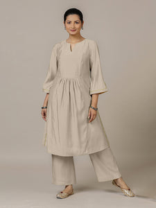 Nimrat x Rozaana | A Line Kurta in Oyster Grey with Thread Work | Coords or Only Kurta