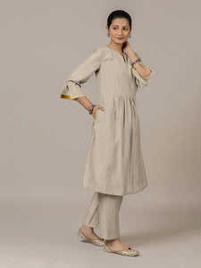 Nimrat x Rozaana | A Line Kurta in Oyster Grey with Thread Work | Coords or Only Kurta