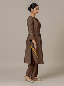 Nimrat x Rozaana | A Line Kurta in Walnut Brown with Thread Work | Coords or Only Kurta