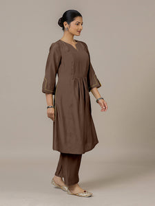 Nimrat x Rozaana | A Line Kurta in Walnut Brown with Thread Work | Coords or Only Kurta