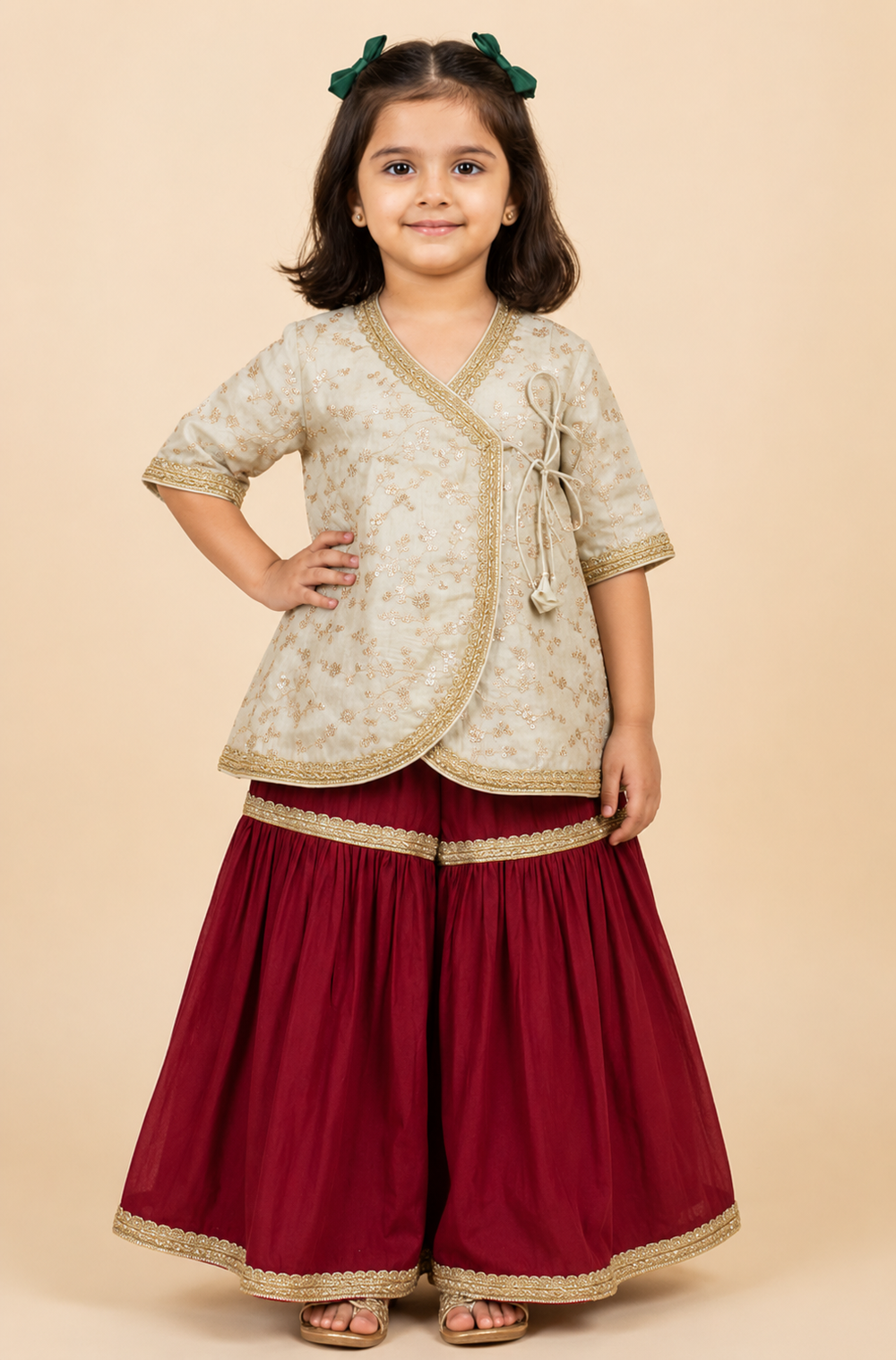 Noorie x Tyohaar | Cream Embroidered Tissue Angrakha-Sharara Set