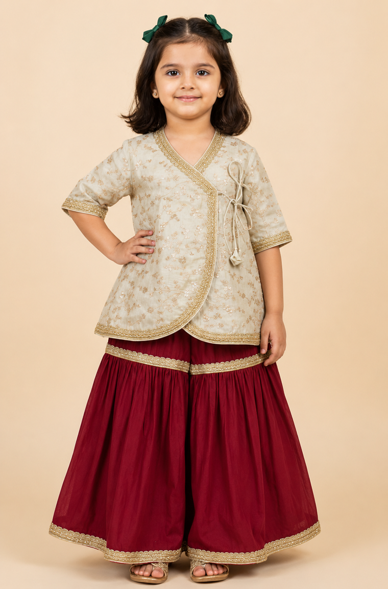Noorie x Tyohaar | Cream Embroidered Tissue Angrakha-Sharara Set