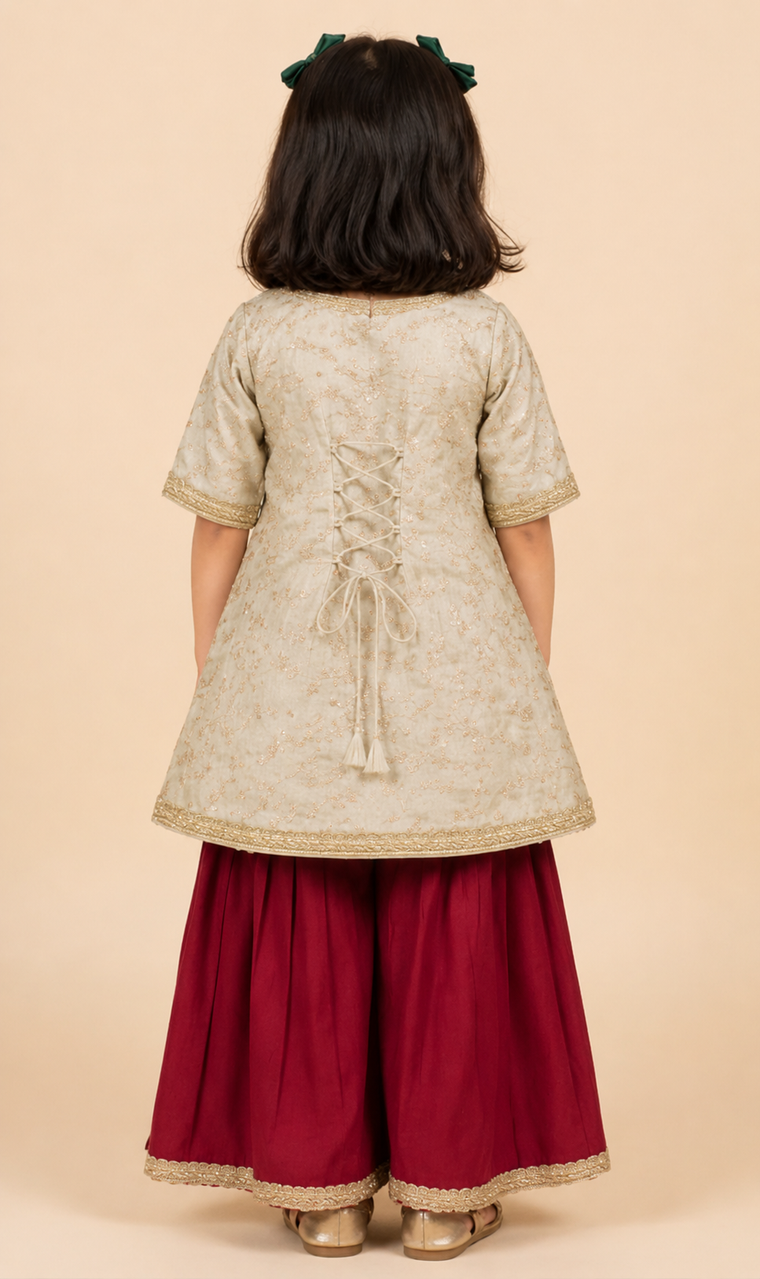 Noorie x Tyohaar | Cream Embroidered Tissue Angrakha-Sharara Set