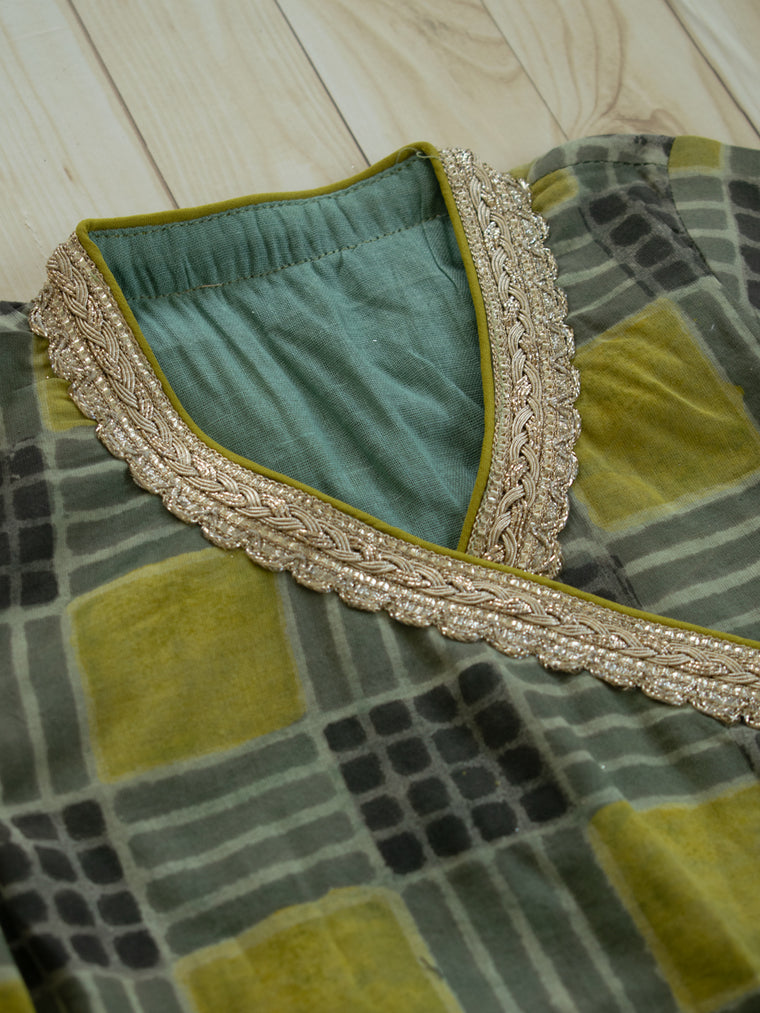 Olivea x Tyohaar | Angrakha-Sharara Set in Olive Grid Block Print Cotton