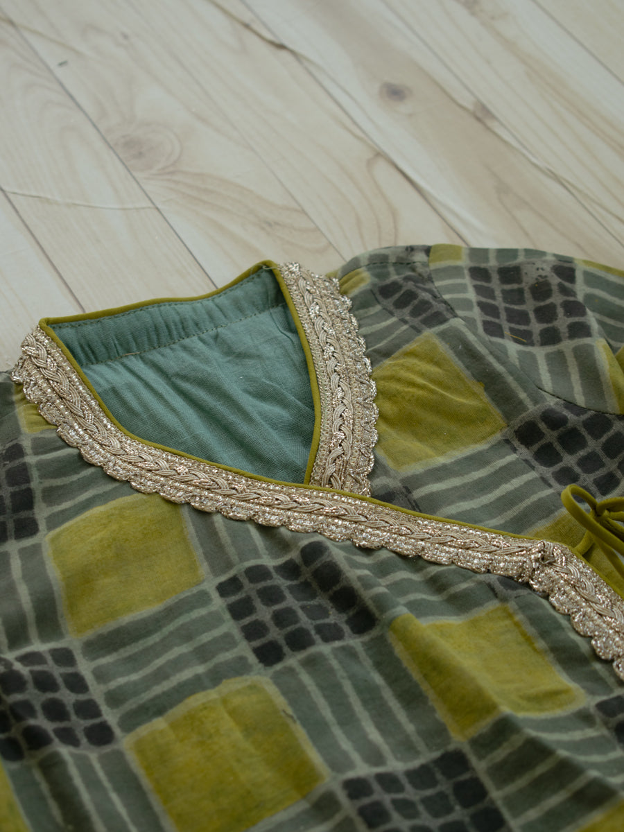 Olivea x Tyohaar | Angrakha-Sharara Set in Olive Grid Block Print Cotton