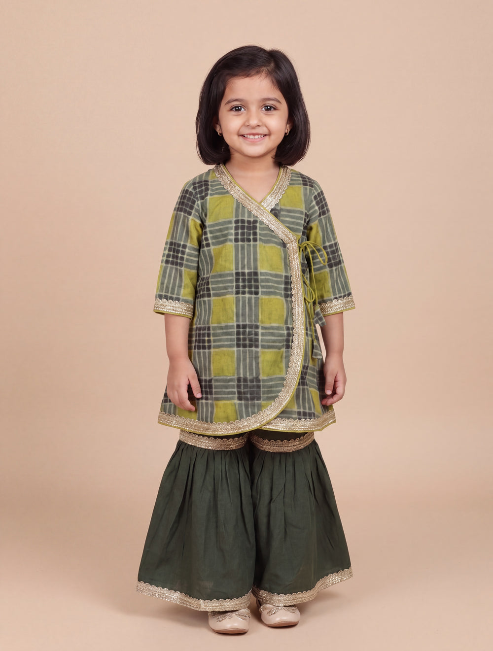 Olivea x Tyohaar | Angrakha-Sharara Set in Olive Grid Block Print Cotton