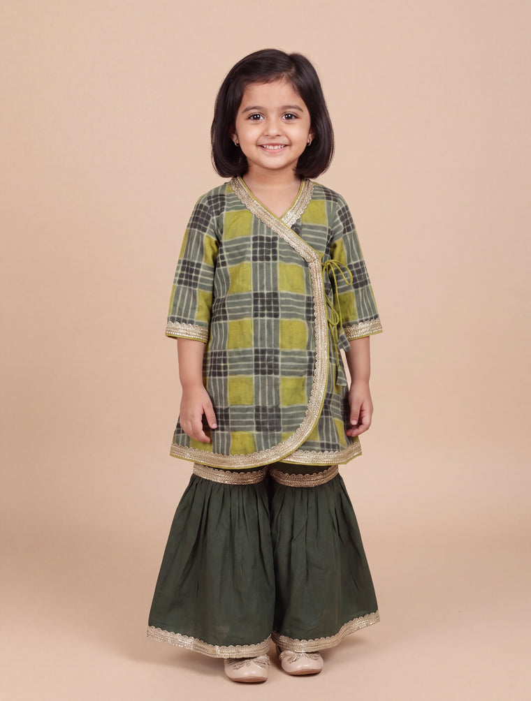 Olivea x Tyohaar | Angrakha-Sharara Set in Olive Grid Block Print Cotton
