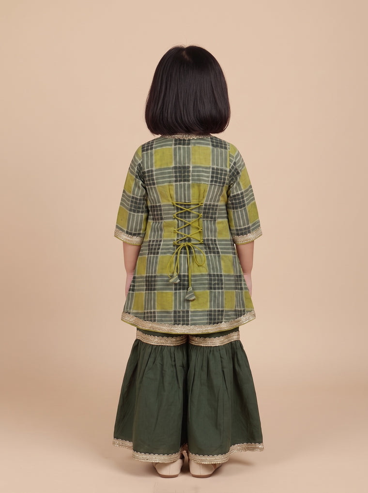 Olivea x Tyohaar | Angrakha-Sharara Set in Olive Grid Block Print Cotton