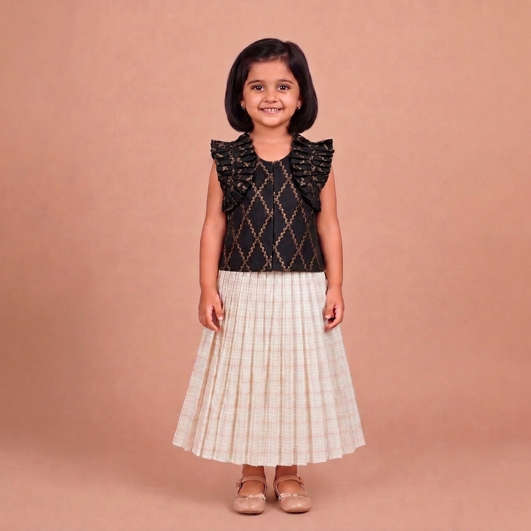 Pari x Tyohaar | Cosmic Black Vine Mesh Brocade Ruffle Sleeve Pattu Pavadai