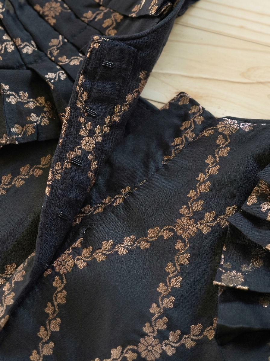 Pari x Tyohaar | Cosmic Black Vine Mesh Brocade Ruffle Sleeve Pattu Pavadai