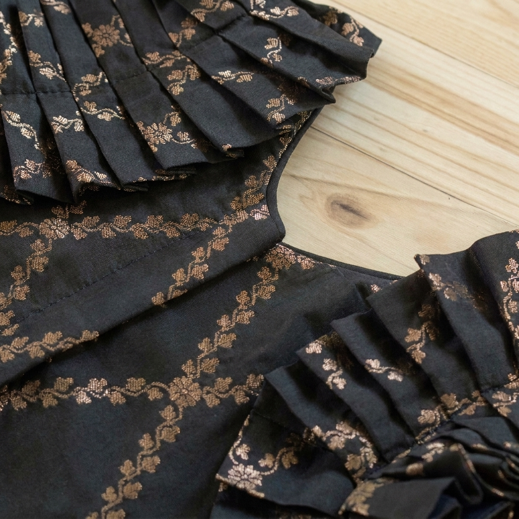 Pari x Tyohaar | Cosmic Black Vine Mesh Brocade Ruffle Sleeve Pattu Pavadai