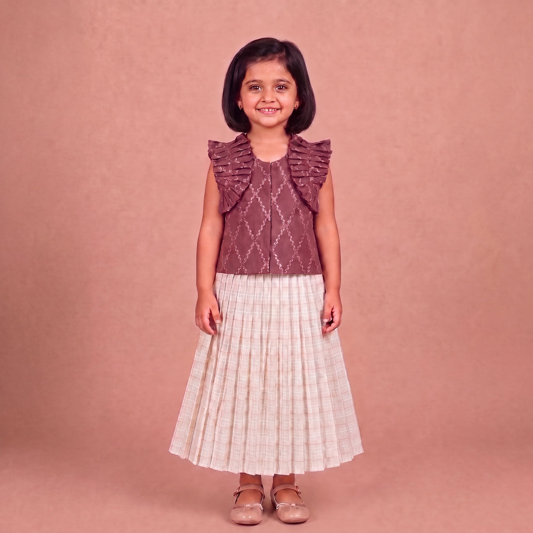 Pari x Tyohaar | Deep Burgundy Vine Mesh Brocade Ruffle Sleeve Pattu Pavadai