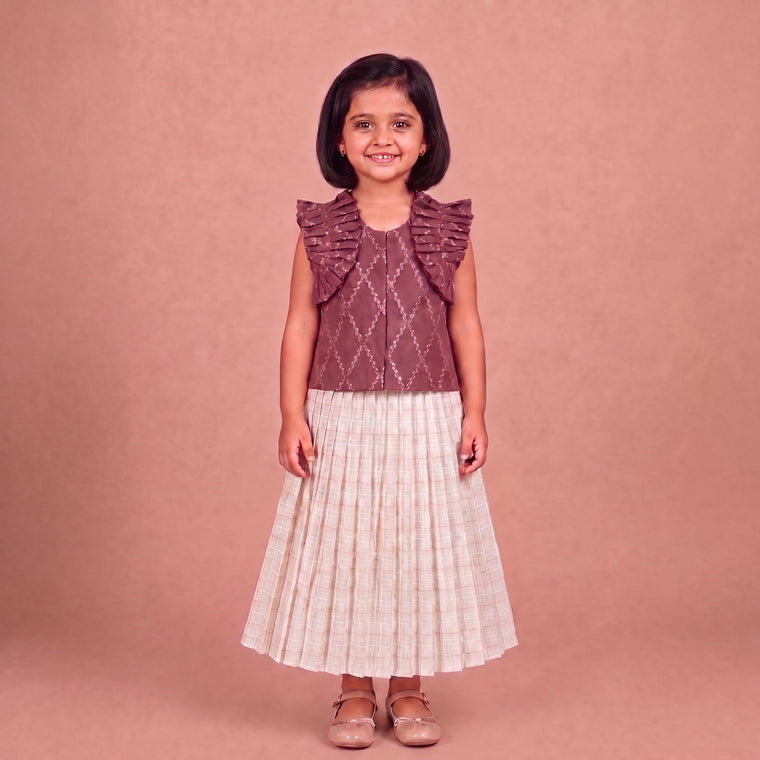 Pari x Tyohaar | Deep Burgundy Vine Mesh Brocade Ruffle Sleeve Pattu Pavadai