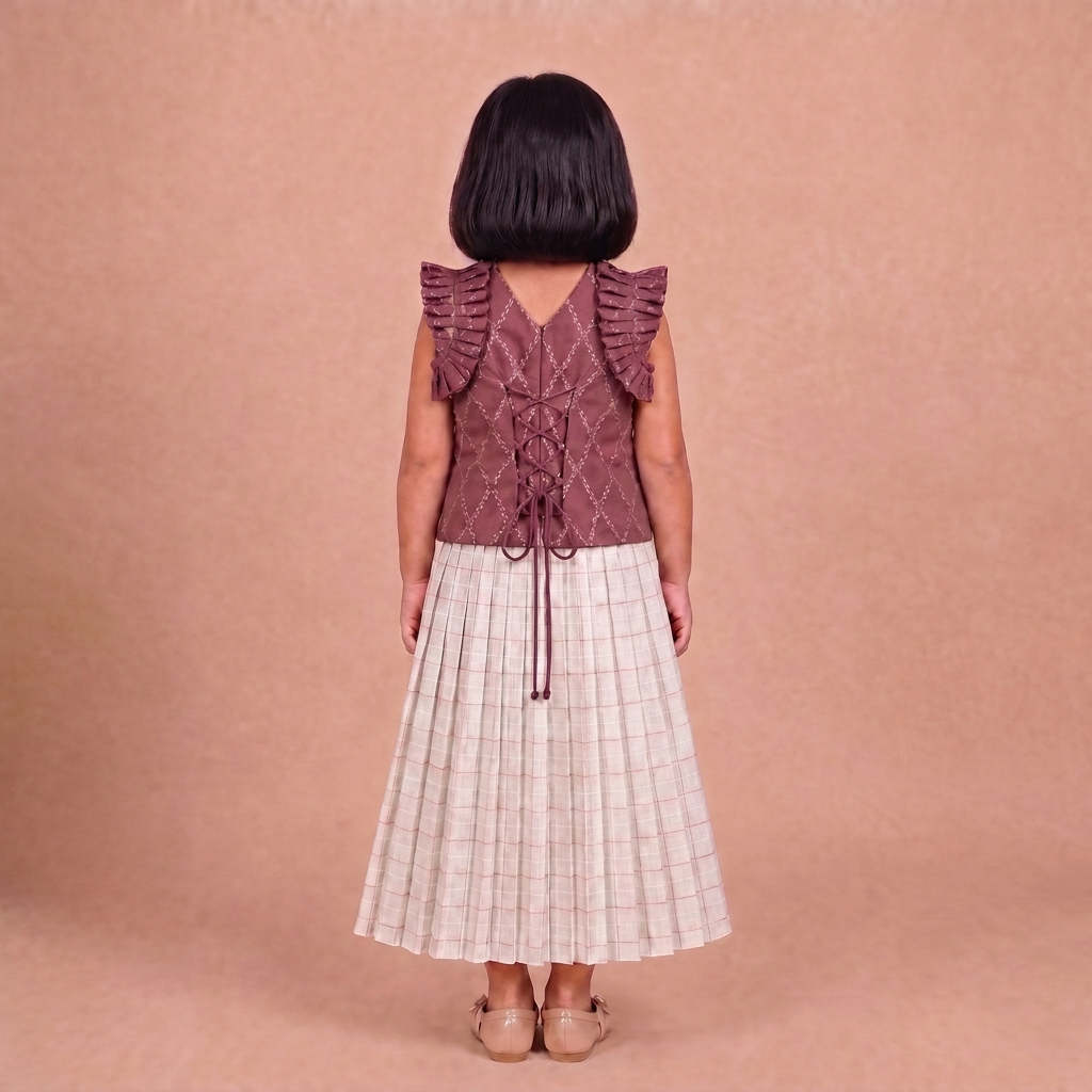 Pari x Tyohaar | Deep Burgundy Vine Mesh Brocade Ruffle Sleeve Pattu Pavadai