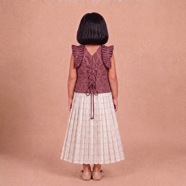 Pari x Tyohaar | Deep Burgundy Vine Mesh Brocade Ruffle Sleeve Pattu Pavadai