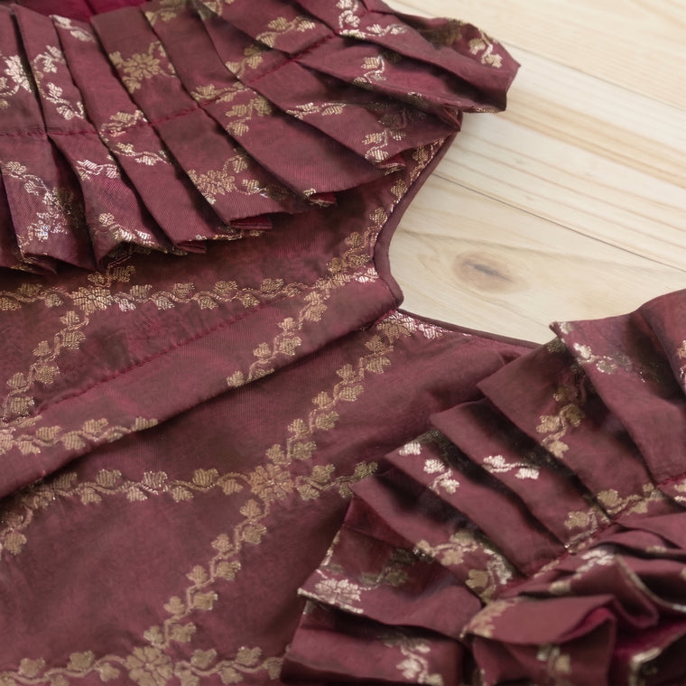 Pari x Tyohaar | Deep Burgundy Vine Mesh Brocade Ruffle Sleeve Pattu Pavadai