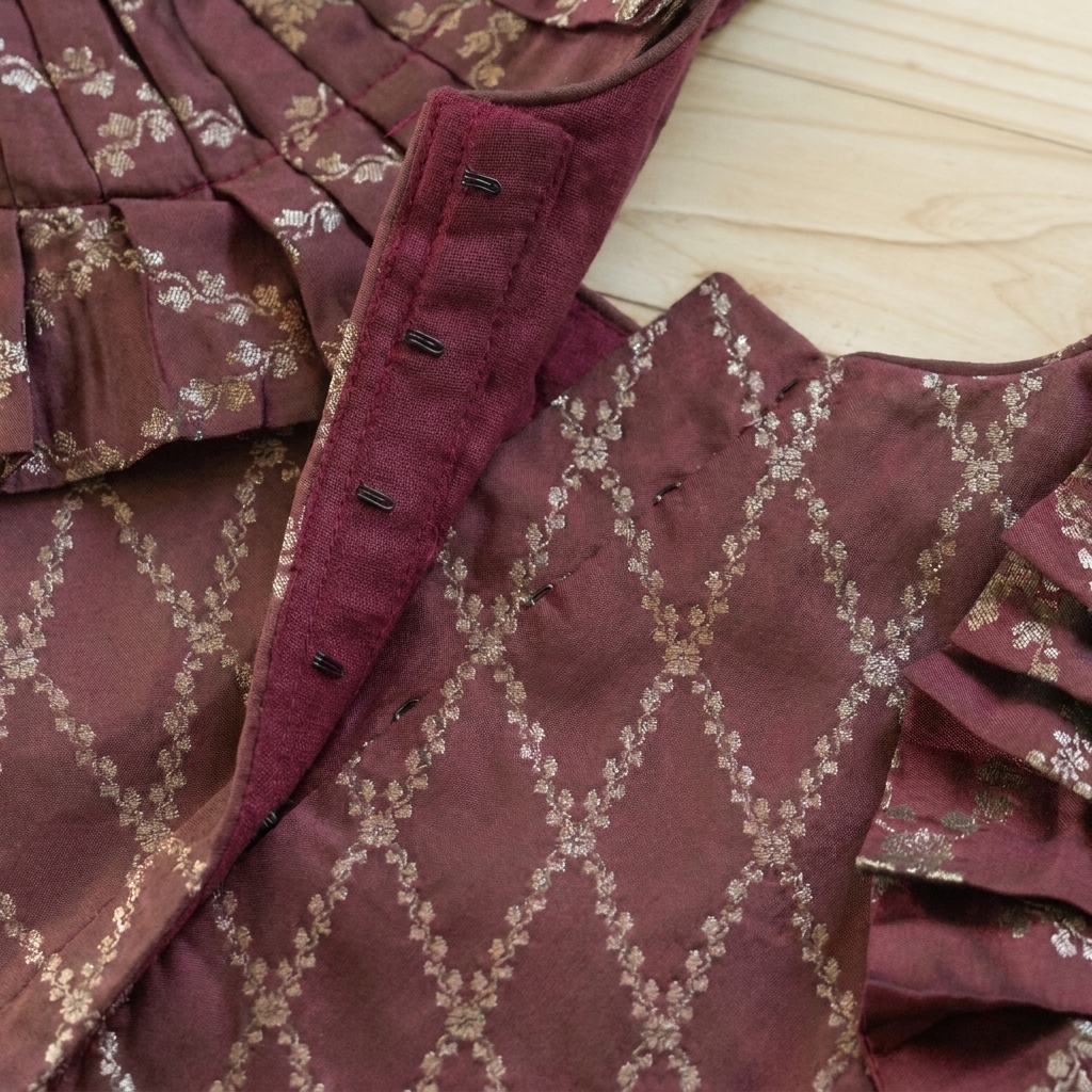 Pari x Tyohaar | Deep Burgundy Vine Mesh Brocade Ruffle Sleeve Pattu Pavadai