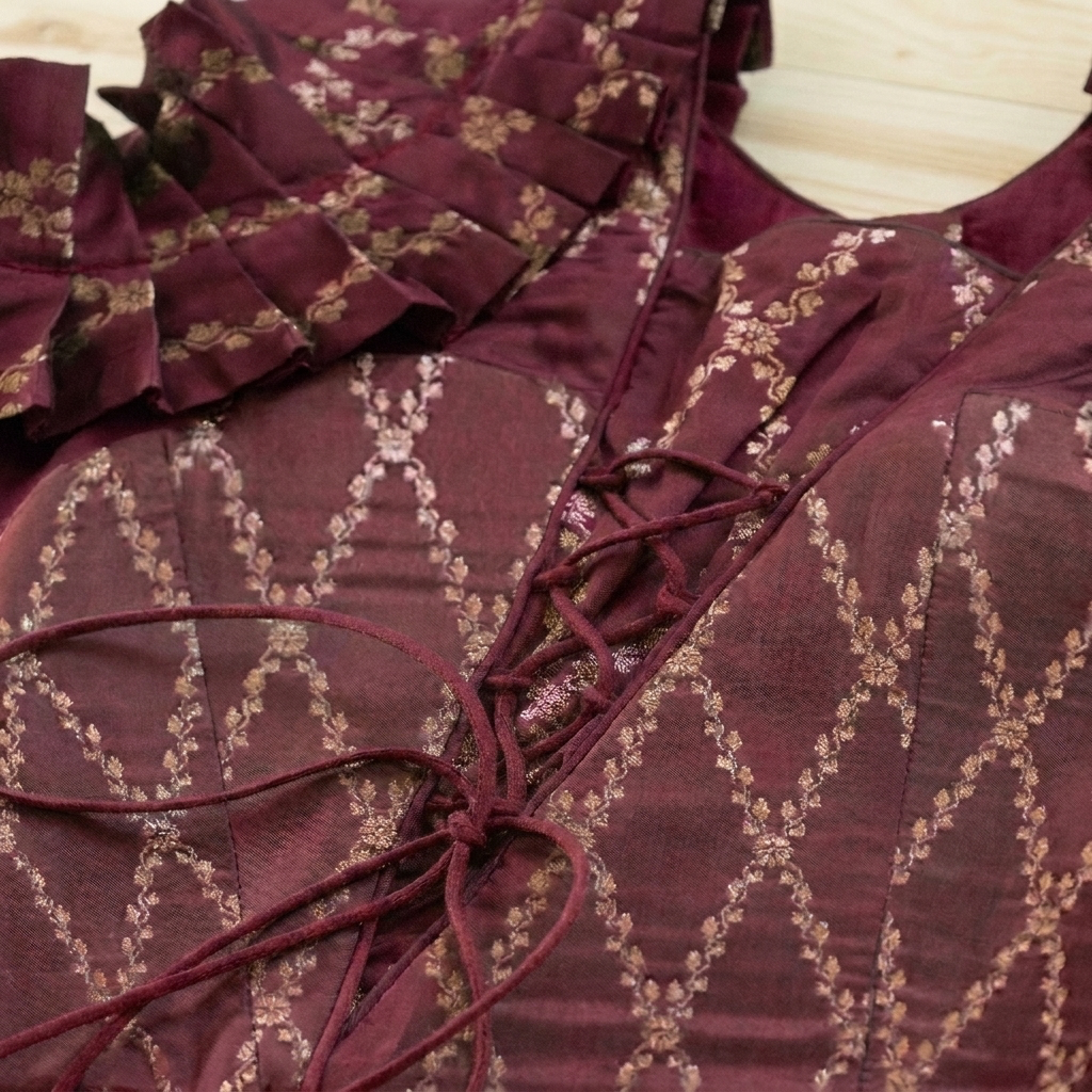 Pari x Tyohaar | Deep Burgundy Vine Mesh Brocade Ruffle Sleeve Pattu Pavadai