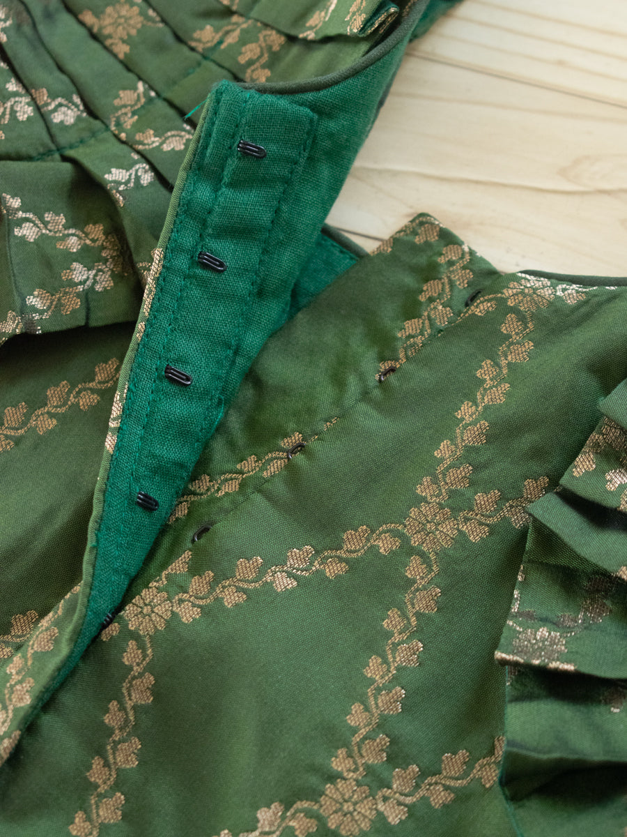 Pari x Tyohaar | Dark Green Vine Mesh Brocade Ruffle Sleeve Pattu Pavadai