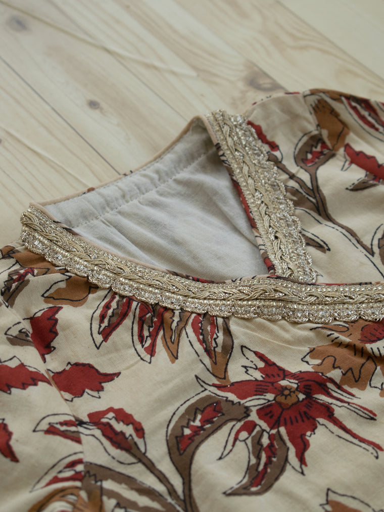 Phuli x Tyohaar | Angrakha-Sharara Set in Cream Blossom Block Print Cotton