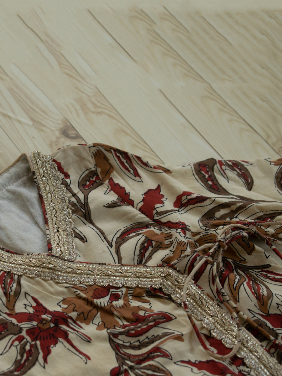 Phuli x Tyohaar | Angrakha-Sharara Set in Cream Blossom Block Print Cotton