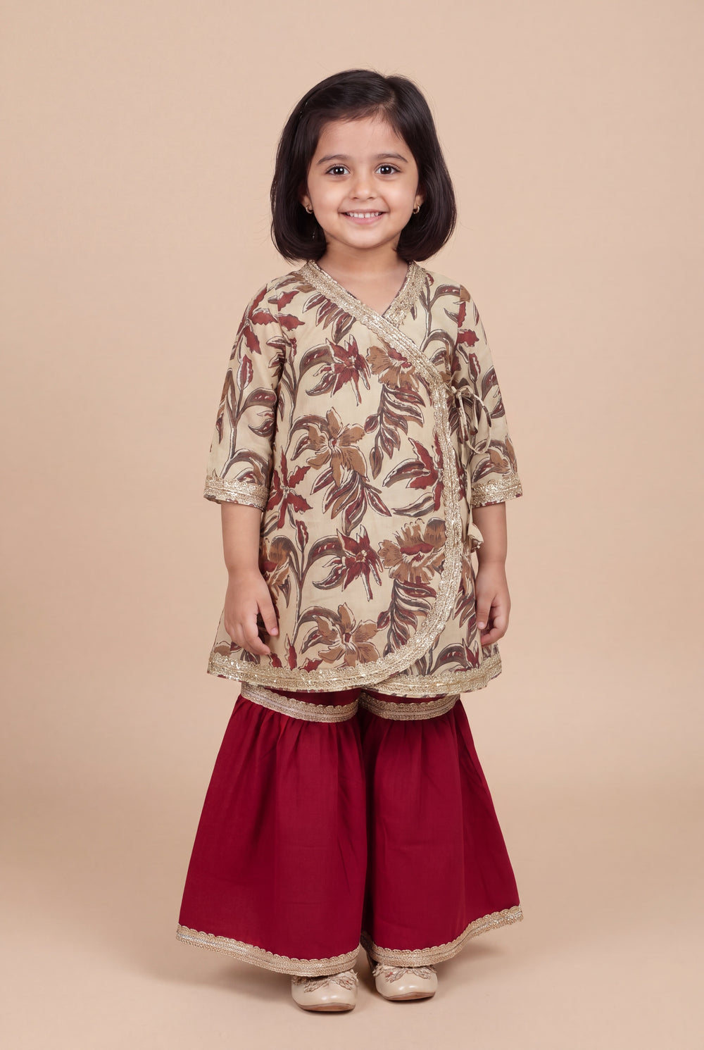 Phuli x Tyohaar | Angrakha-Sharara Set in Cream Blossom Block Print Cotton