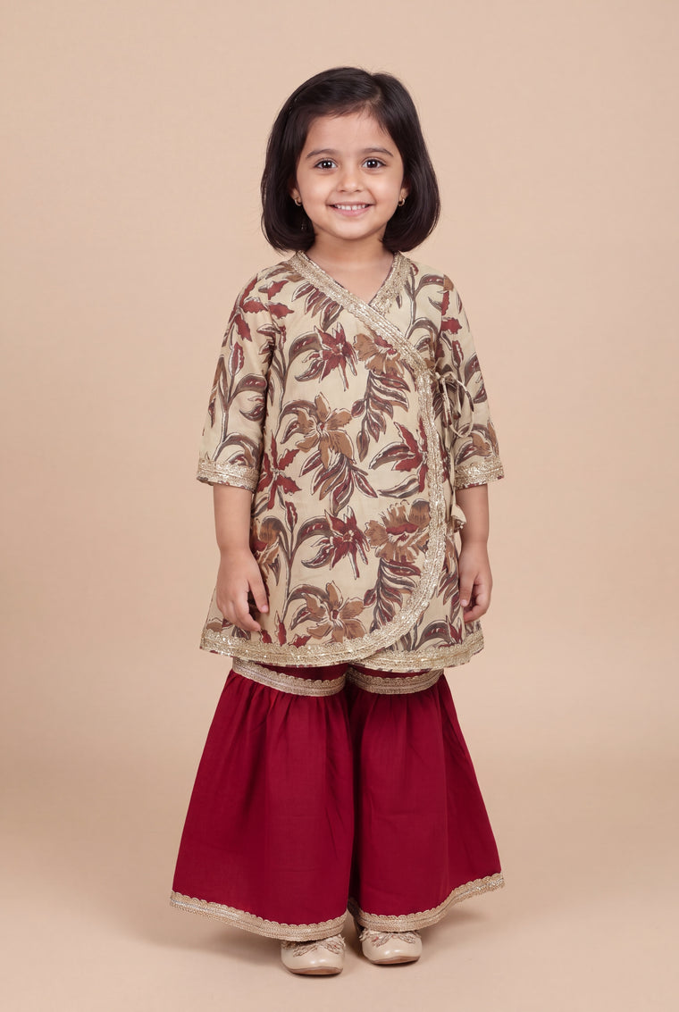Phuli x Tyohaar | Angrakha-Sharara Set in Cream Blossom Block Print Cotton