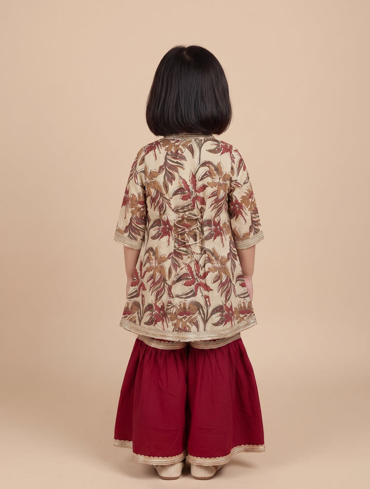 Phuli x Tyohaar | Angrakha-Sharara Set in Cream Blossom Block Print Cotton