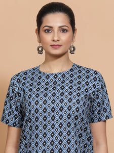 Pooja x Rozaana | Short Sleeves Cotton Saree Blouse in Indigo Blue Geometric Block Print Fabric