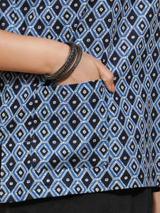 Pooja x Rozaana | Short Sleeves Cotton Saree Blouse in Indigo Blue Geometric Block Print Fabric