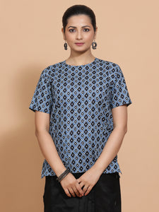 Pooja x Rozaana | Short Sleeves Cotton Saree Blouse in Indigo Blue Geometric Block Print Fabric