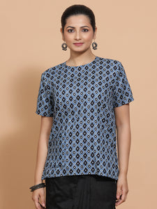 Pooja x Rozaana | Short Sleeves Cotton Saree Blouse in Indigo Blue Geometric Block Print Fabric