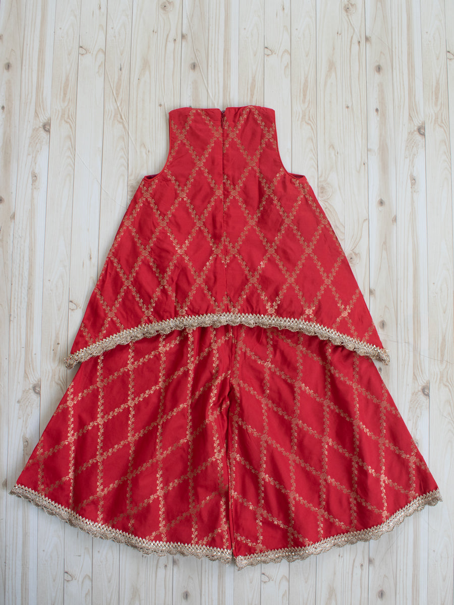 Poppy x Tyohaar | Berry Red Vine Mesh Brocade Tent Style Kurta & Flared Pant Set