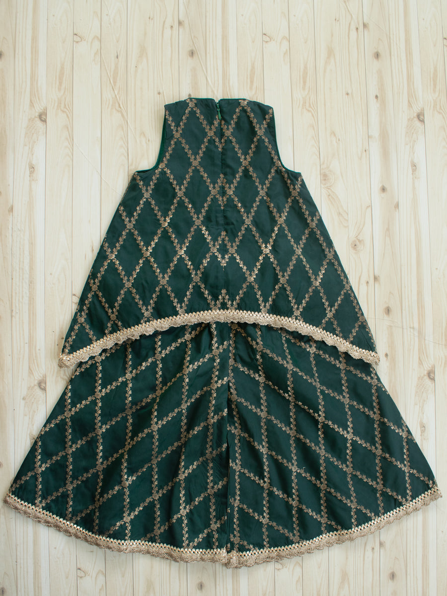 Poppy x Tyohaar | Dark Green Vine Mesh Brocade Tent Style Kurta & Flared Pant Set
