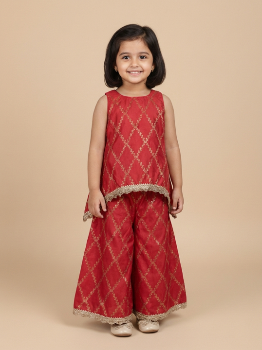 Poppy x Tyohaar | Berry Red Vine Mesh Brocade Tent Style Kurta & Flared Pant Set