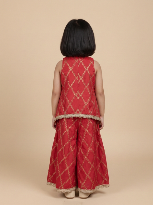 Poppy x Tyohaar | Berry Red Vine Mesh Brocade Tent Style Kurta & Flared Pant Set