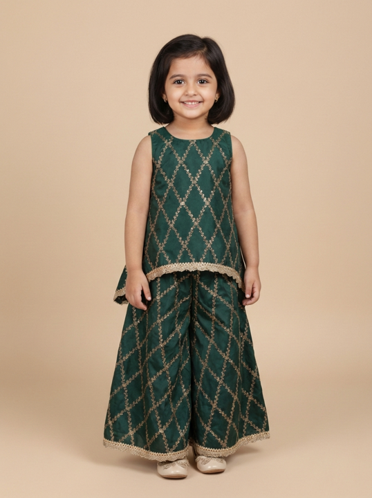 Poppy x Tyohaar | Dark Green Vine Mesh Brocade Tent Style Kurta & Flared Pant Set