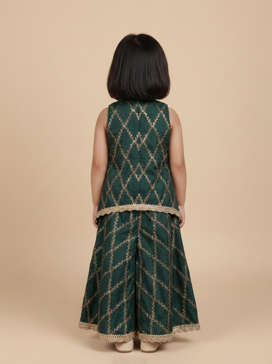 Poppy x Tyohaar | Dark Green Vine Mesh Brocade Tent Style Kurta & Flared Pant Set