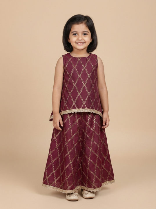 Poppy x Tyohaar | Deep Burgundy Vine Mesh Brocade Tent Style Kurta & Flared Pant Set