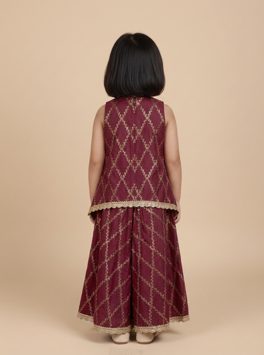 Poppy x Tyohaar | Deep Burgundy Vine Mesh Brocade Tent Style Kurta & Flared Pant Set