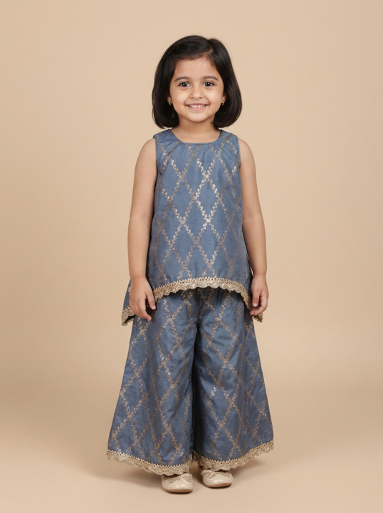Poppy x Tyohaar | Gilded Grey Vine Mesh Brocade Tent Style Kurta & Flared Pant Set