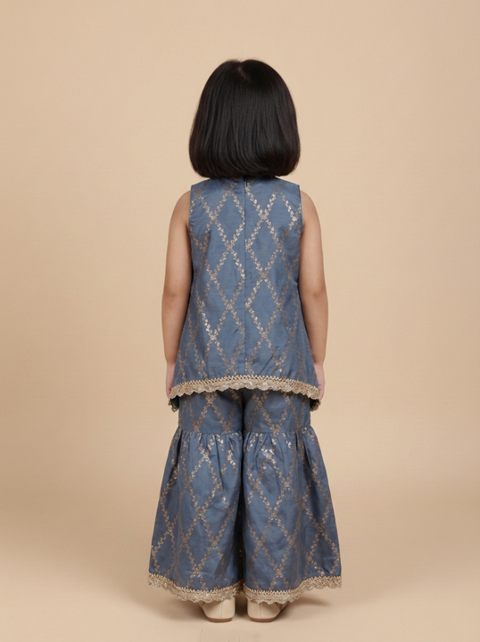 Poppy x Tyohaar | Gilded Grey Vine Mesh Brocade Tent Style Kurta & Flared Pant Set