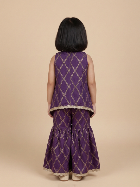 Poppy x Tyohaar | Orchid Plum Vine Mesh Brocade Tent Style Kurta & Flared Pant Set