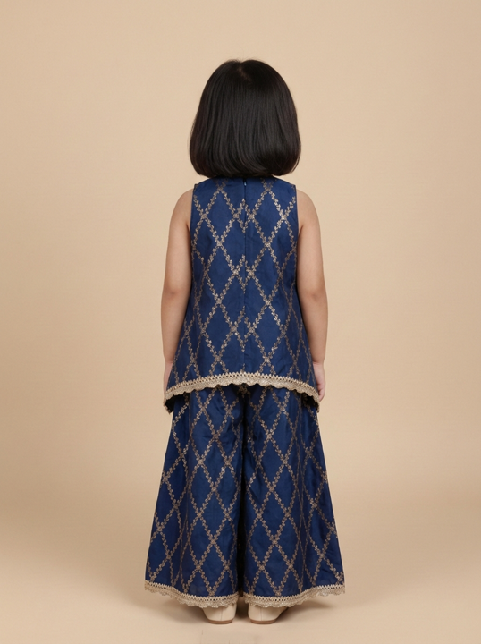 Poppy x Tyohaar | Royal Navy Vine Mesh Brocade Tent Style Kurta & Flared Pant Set