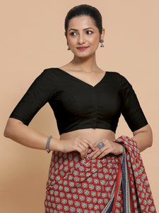 Pragya x Rozaana | V-Neck Black Plain Cotton Saree Blouse