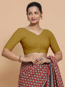 Pragya x Rozaana | V-Neck Khaki Plain Cotton Saree Blouse